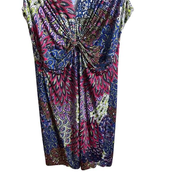 Connected Apparel Colorful Peacock Dress Size XL Sleeveless Vneck Ruched - Picture 3 of 8